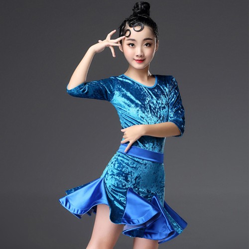 Velvet latin dancing dresses for girls kids children stage performance salsa samba dancing skirts